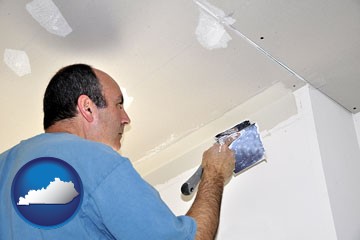 a contractor spackling drywall - with Kentucky icon